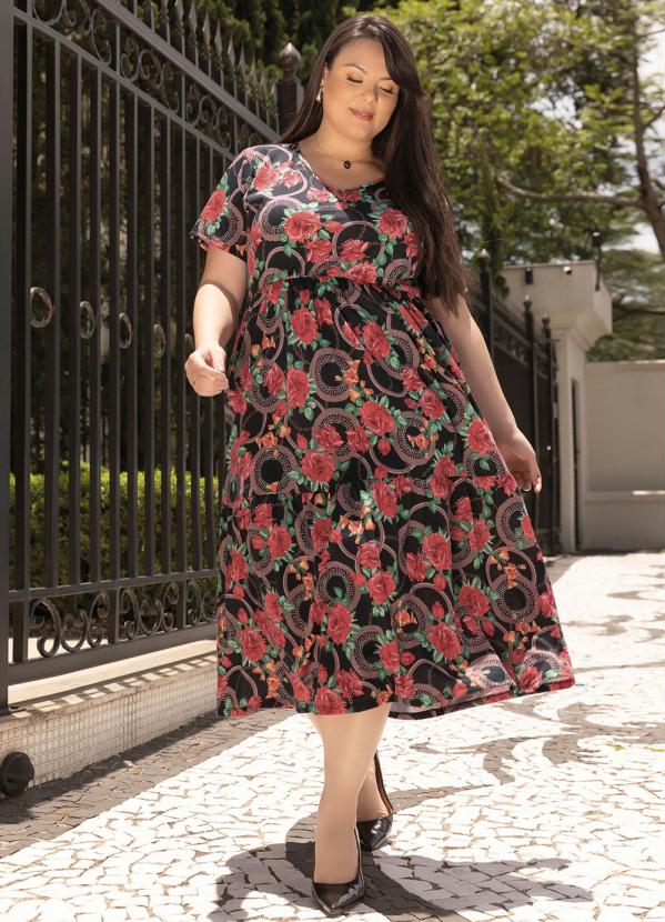 Vestido Floral E Arabescos Babado Plus Size Marguerite