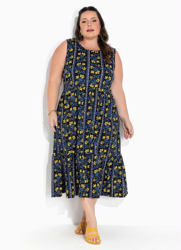 Vestido Floral Preto Franzido Plus Size Marguerite