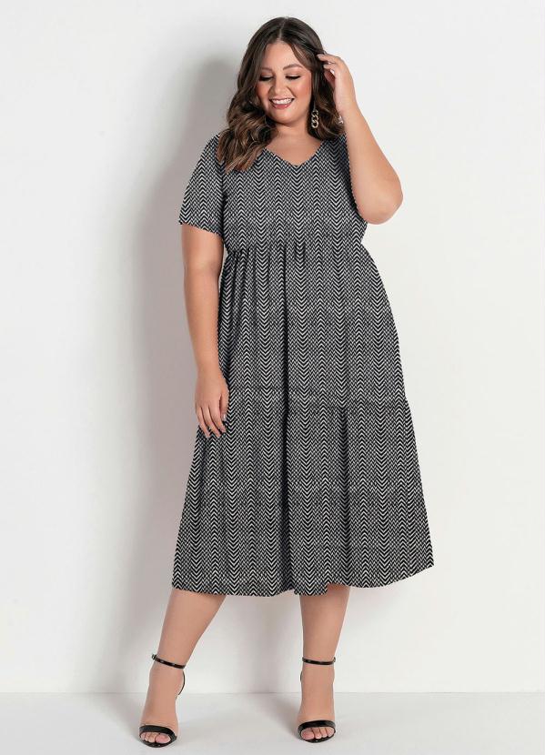 Vestido Midi Chevron Preto Babados Plus Size Marguerite