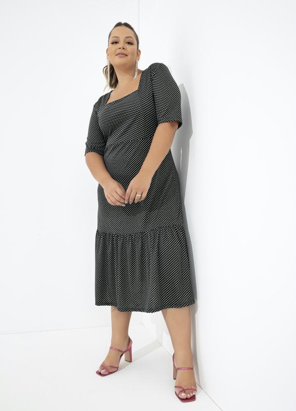 Vestido Poá Preto Babado Plus Size Marguerite