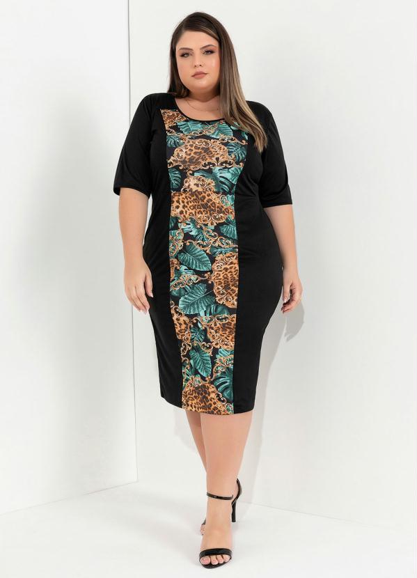 Vestido Preto Recortes Estampados Plus Size Marguerite