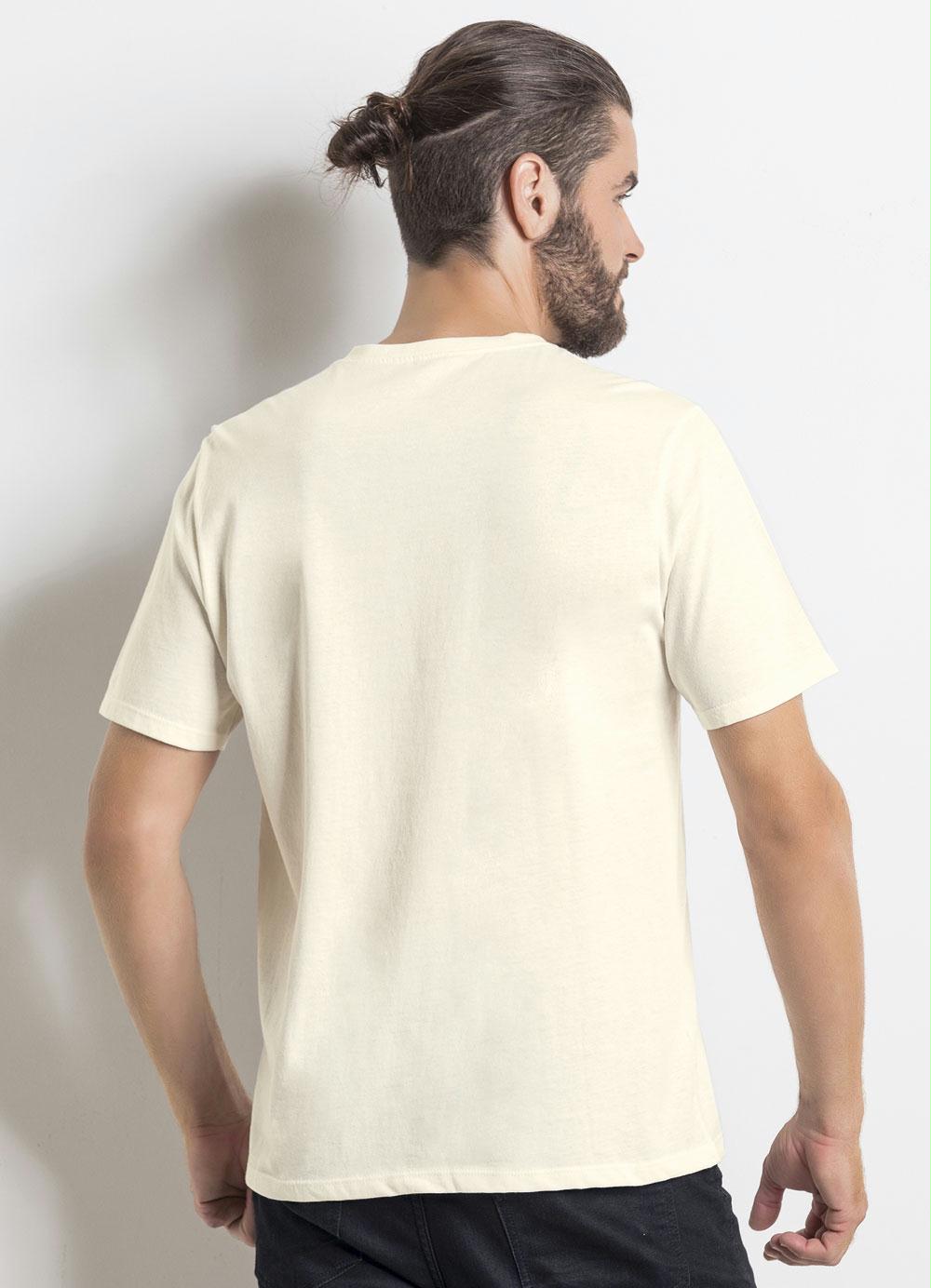 Camiseta com Decote em V Creme e Estampa Frontal - Queima de Estoque