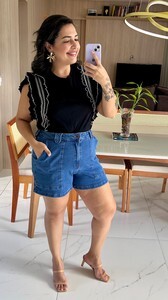 Shorts Jeans Mom com e Bolsos Chapa Barriga Azul - Lunender Feminino