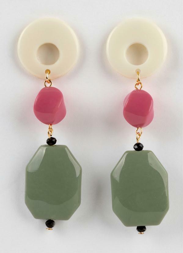 Mink - Brinco Branco Rosa e Verde com Metal Dourado