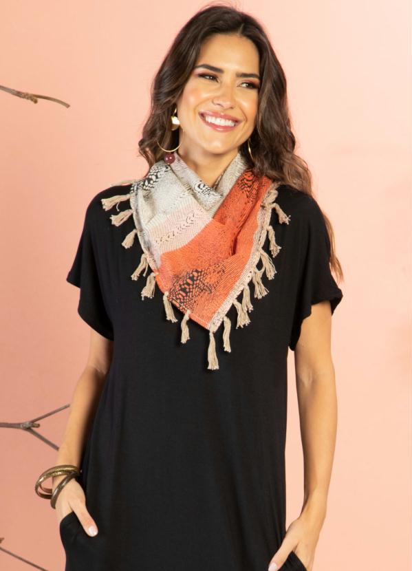 Quintess - Echarpe Triangular Bege e Laranja com Tassel