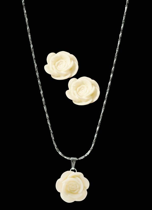 Moda Pop - Conjunto Gargantilha e Brincos Rosa Branca Prata 2