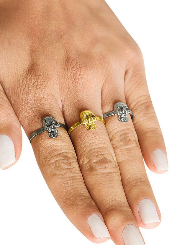 Moda Pop - Kit de 3 Aneis Caveira Dourado