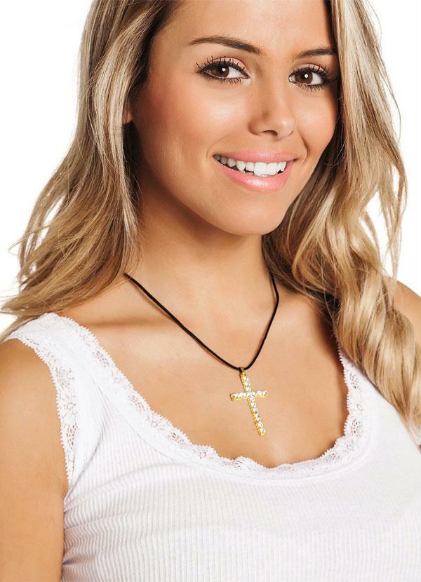 Moda Pop - Cordão Cruz Detalhe Strass Dourado