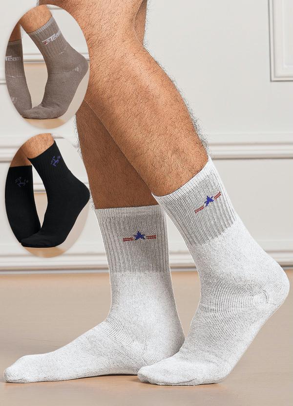 Alma Dolce - Kit 3 Meias Masculinas Branca/Cinza/Preta