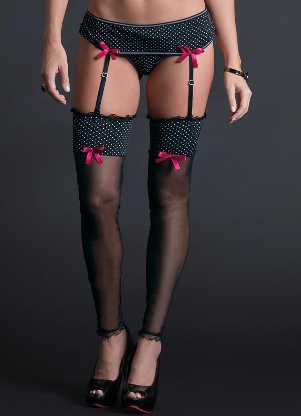 Alma Dolce - Meia 7/8 Preto com Estampa Poá Detalhe Laço