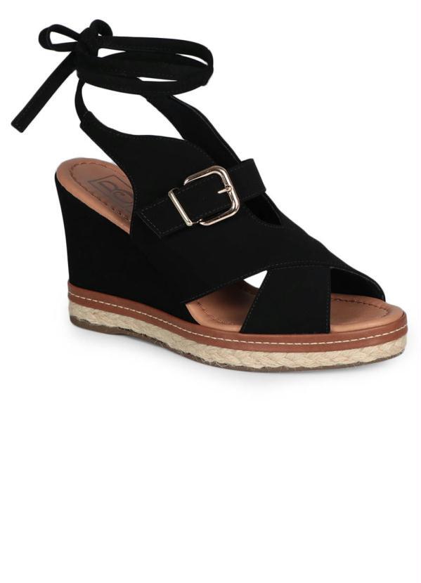 Bebecê - Sandália Feminina Anabela Espadrille Bebecê Amarração Preto