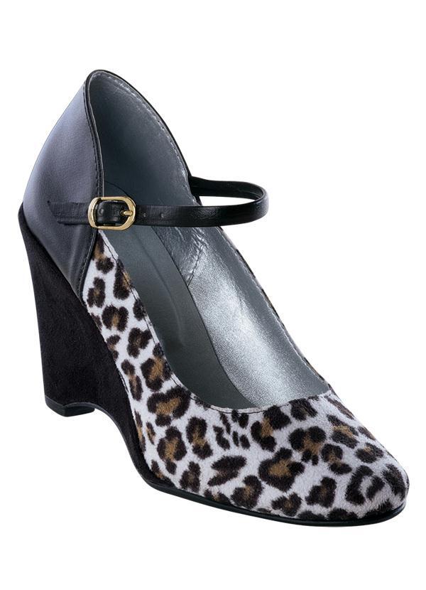 Outlet - Sapato Anabela Preto Estampa Animal Print