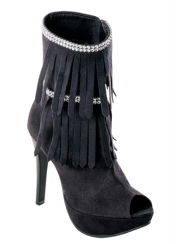 Outlet - Ankle Boot Preta com Franja e Strass