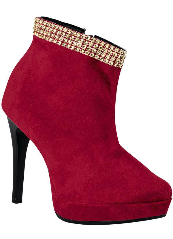 Outlet - Bota Cano Curto Vermelho Detalhe Strass