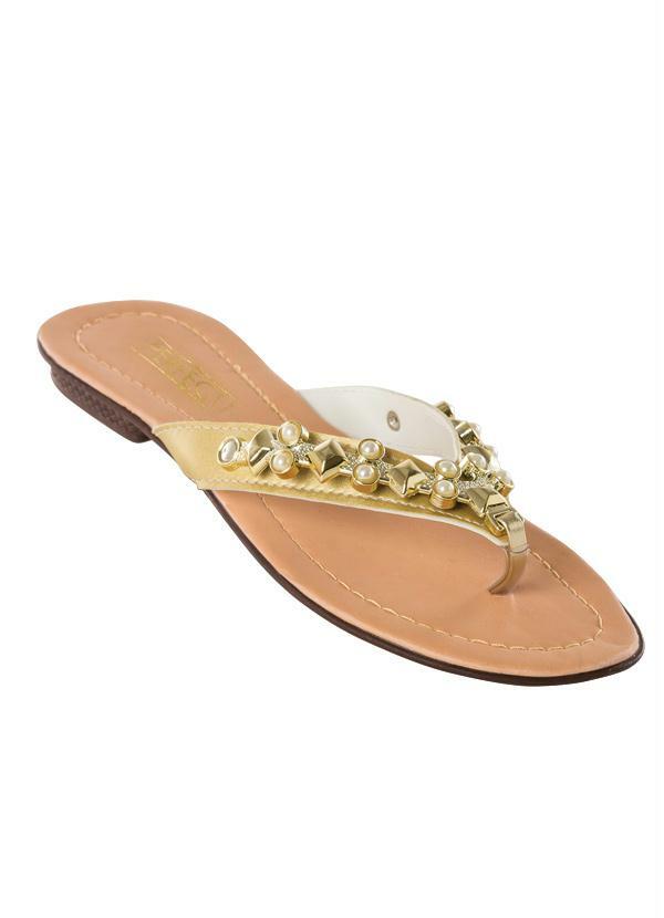 Outlet - Chinelo com Aplicação de Pedras Dourado e Bege