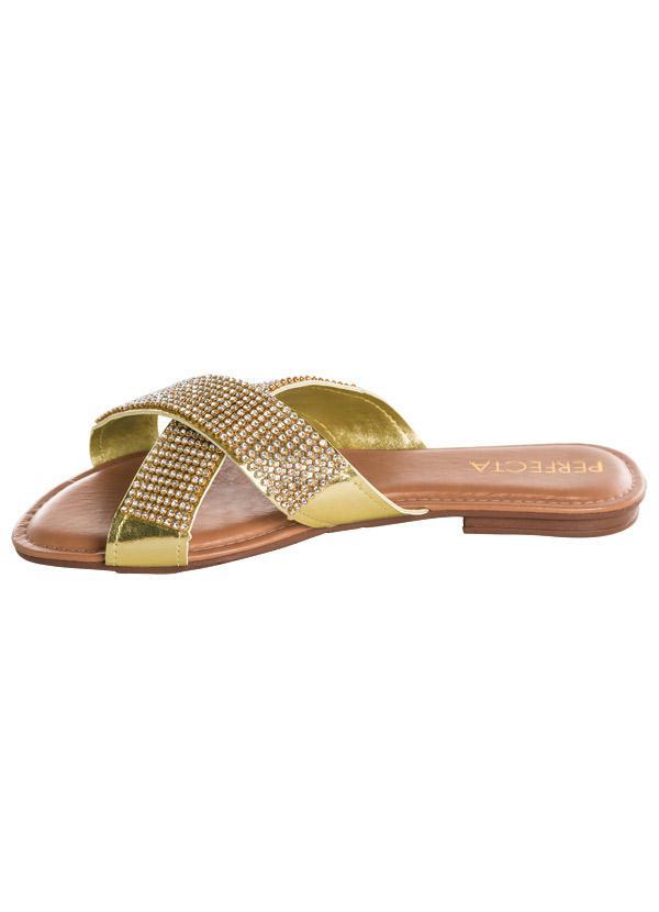 Outlet - Chinelo Dourado com Tiras Transpassadas e Strass