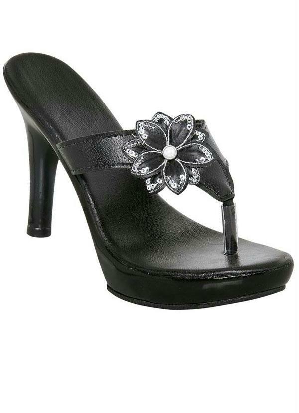 Outlet - Tamanco Preto com Salto Alto e Flor Aplicada
