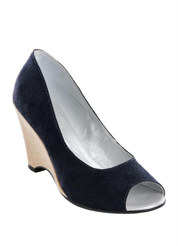 Outlet - Peep Toe Anabela Preto em Camurça Sintética