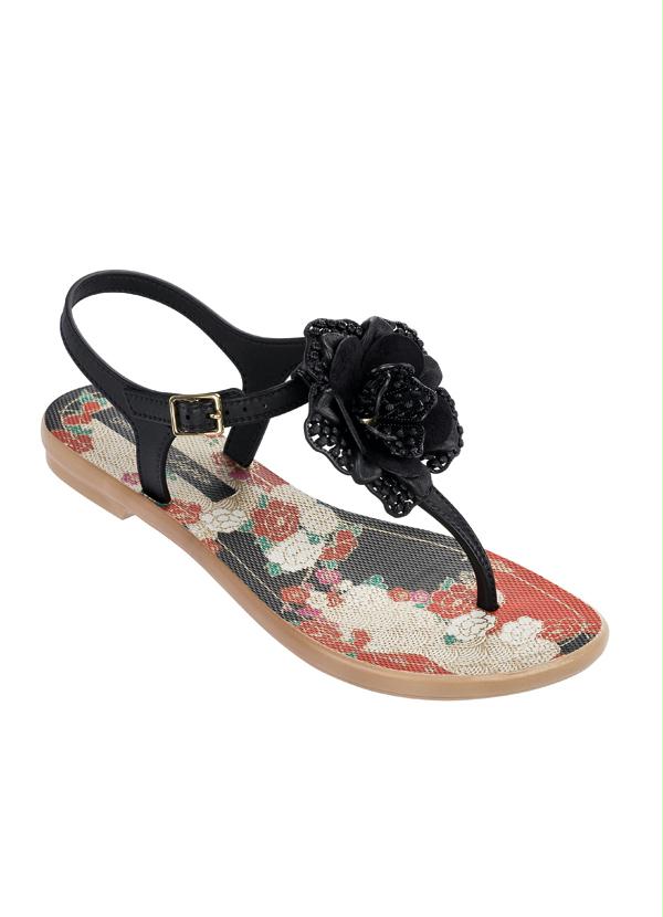 Grendha - Rasteira Grendha com Detalhe de Flor Preta