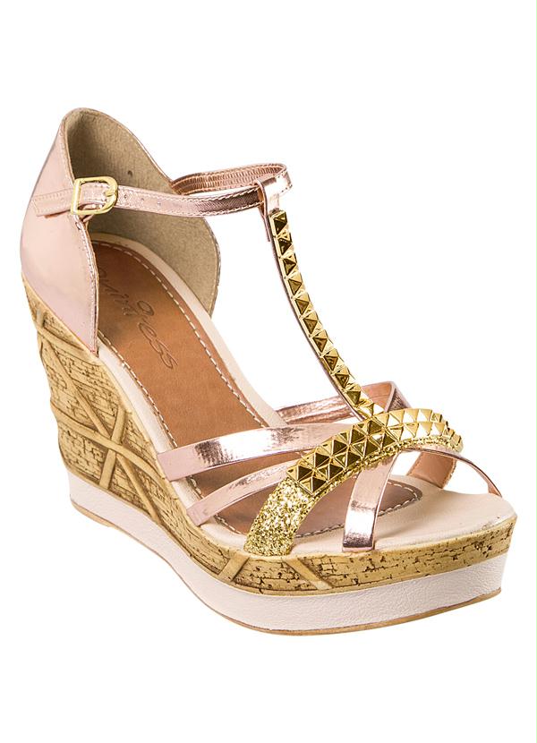 Quintess - Anabela Glitter com Spikes Rosa Metalizado