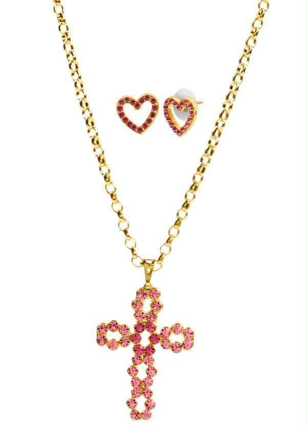 Outlet - Conjunto Colar Cristo e Brinco Coração Dourado 1