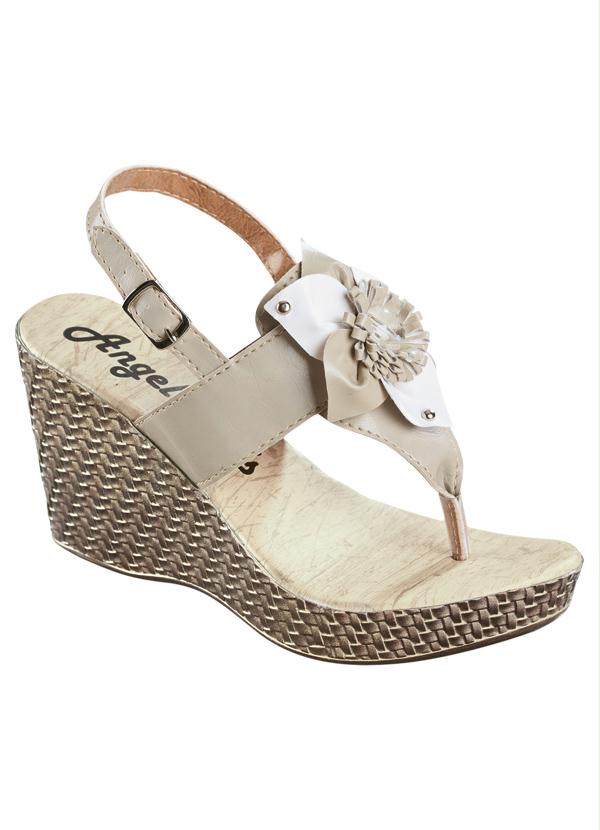 Outlet - Sandália Anabela Bege com Detalhe de Flor