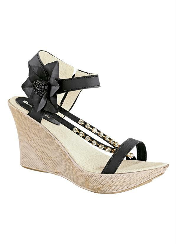 Outlet - Sandália Anabela Preta com Strass