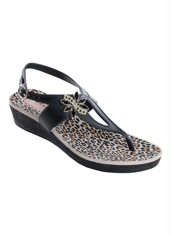 Perfecta - Sandália com Aplique de Flor Preta e Onça