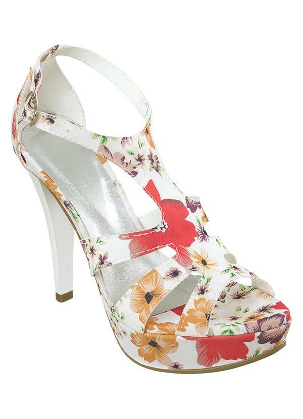 Outlet - Sandália Floral Branca de Salto