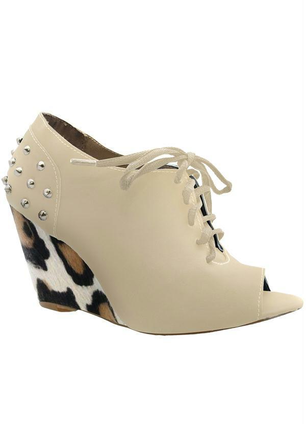 Outlet - Ankle Boot Salto Anabela Bege e Onça