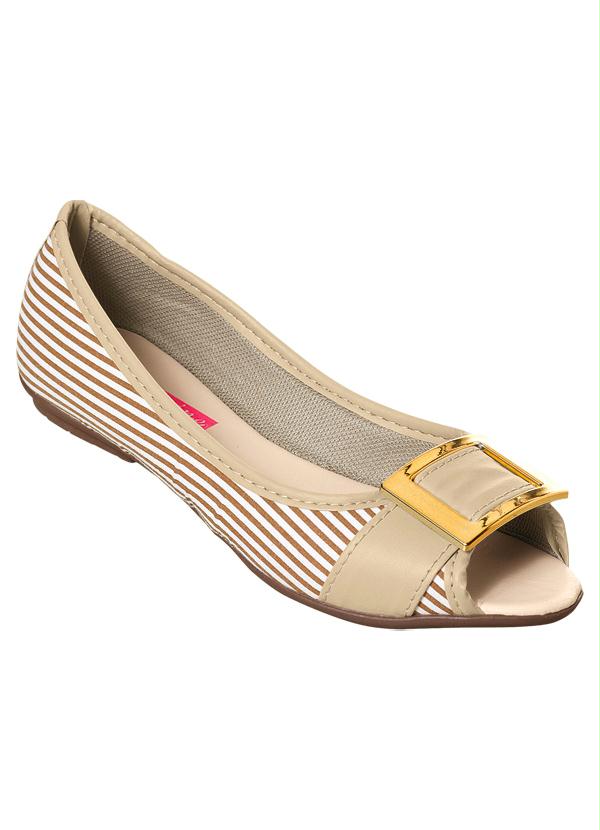 Outlet - Sapatilha com Detalhe Dourado Bege e Listrada