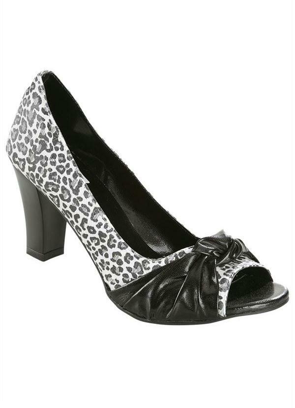 Outlet - Sapato Feminino Peep Toe Preto/Branco Estampado