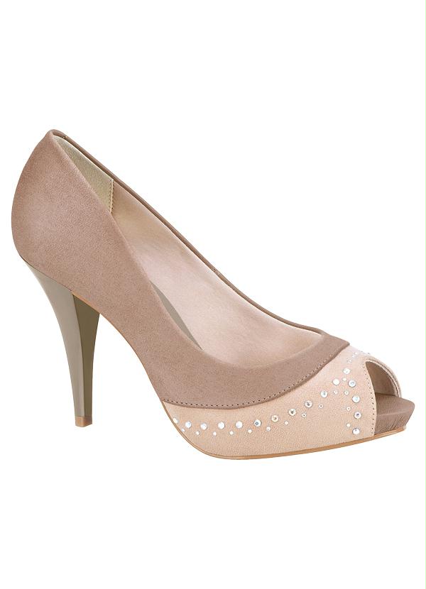 Sapato Peep Toe Com Strass Bege Beira Rio Perfecta