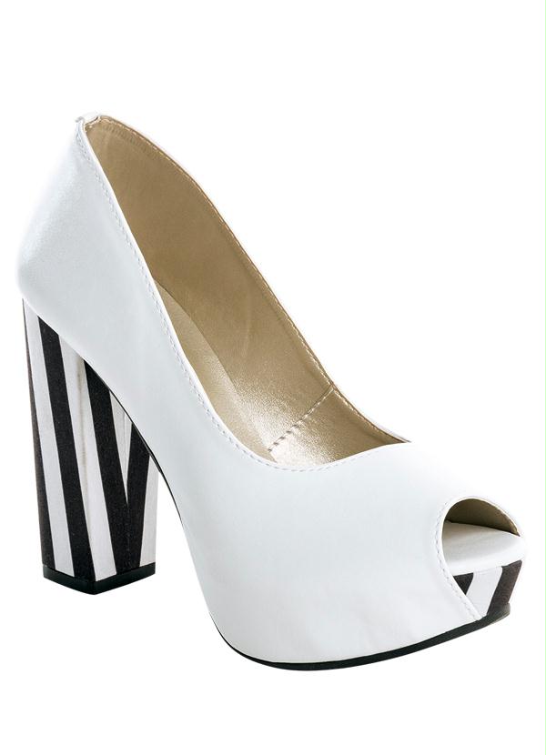 Outlet - Sapato Peep Toe Listrado, Branco e Preto