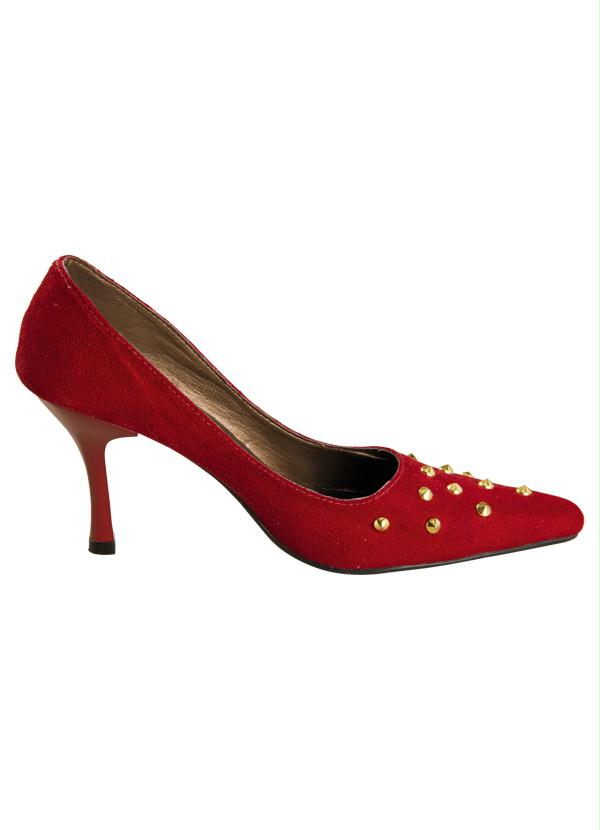 Outlet - Scarpin Bico Fino Aplique de Spikes Vermelho 3