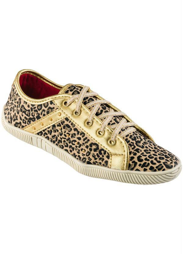 Outlet - Tênis Feminino Dourado Estampa Onça