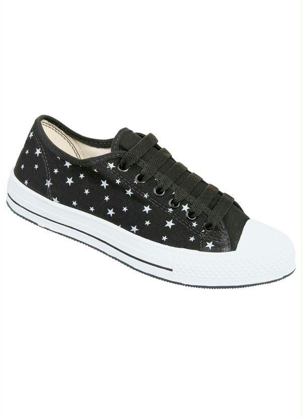 Outlet - Tênis Feminino Preto com Estampa de Estrelas