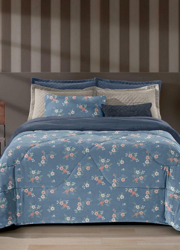 Hedrons - Edredom Plush Floral Azul Casal Slim 1 Peça