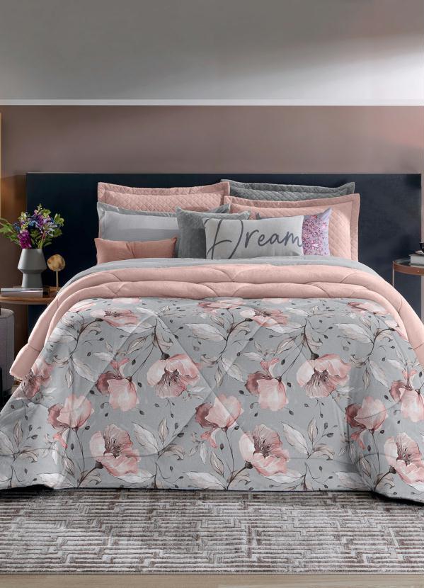 Hedrons - Edredom Plush Floral Cinza Casal 1 Peça