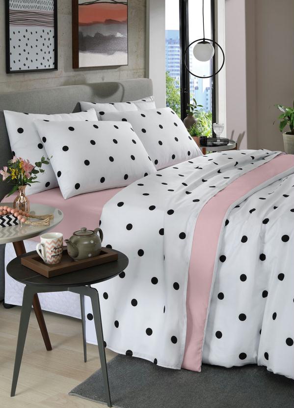 Mundo Lar - Jogo Capa de Edredom Poá Rosa Casal 3 Peças