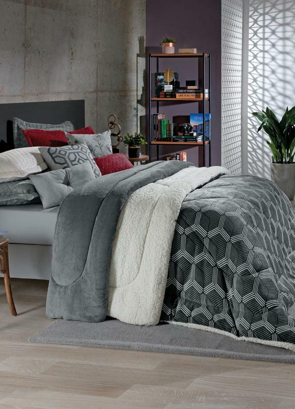 Hedrons - Edredom Plush Sherpa Cinza Queen 1 Peça