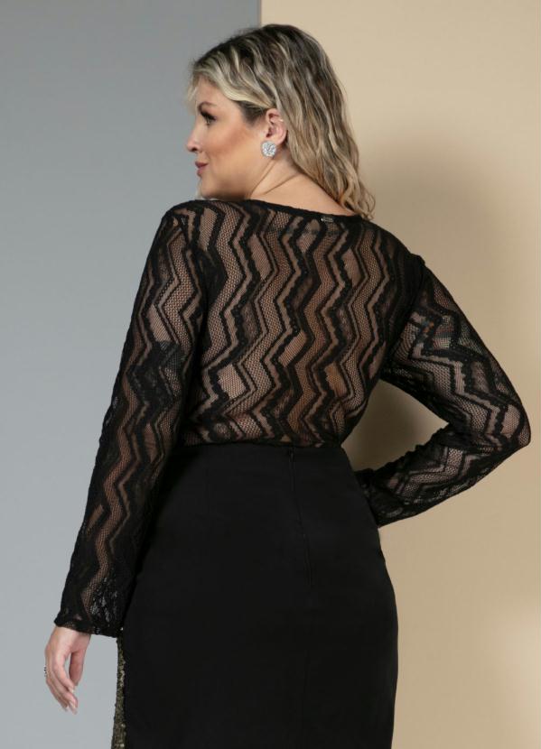 Quintess - Body Preto Decote V em Renda com Mangas Longas 8