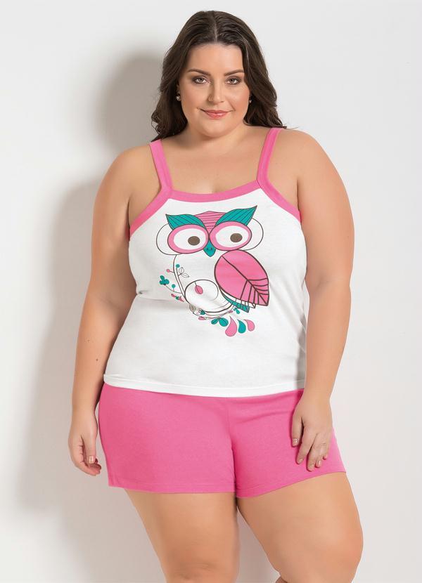 Alma Dolce - Pijama Branco e Rosa com Blusa de Alça Plus Size