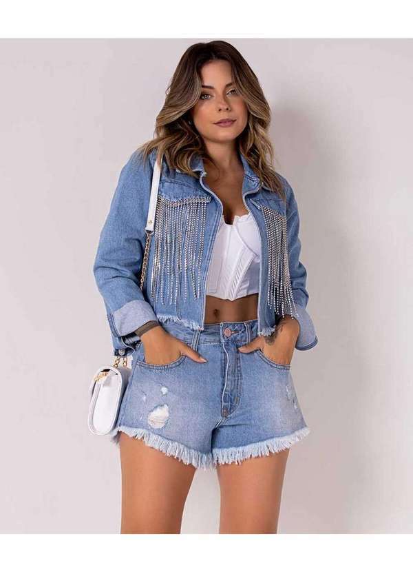 Cor de Rosa - Jaqueta Cor de Rosa Jeans Baby Azul Aço