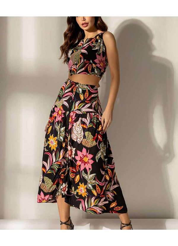 Cor de Rosa - Saia Cor de Rosa Longa Chloe Preto