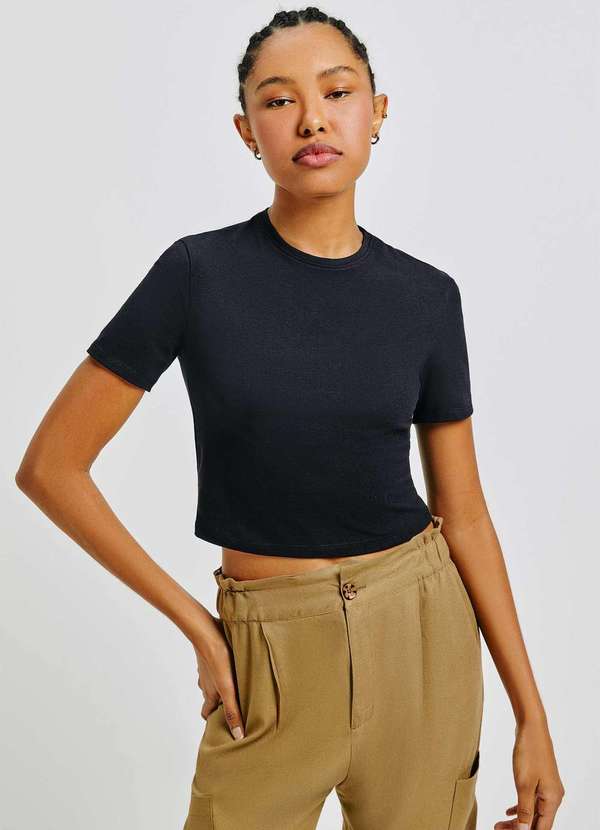 Hering - Blusa Feminina Cropped Manga Curta com Elastano Preto 1