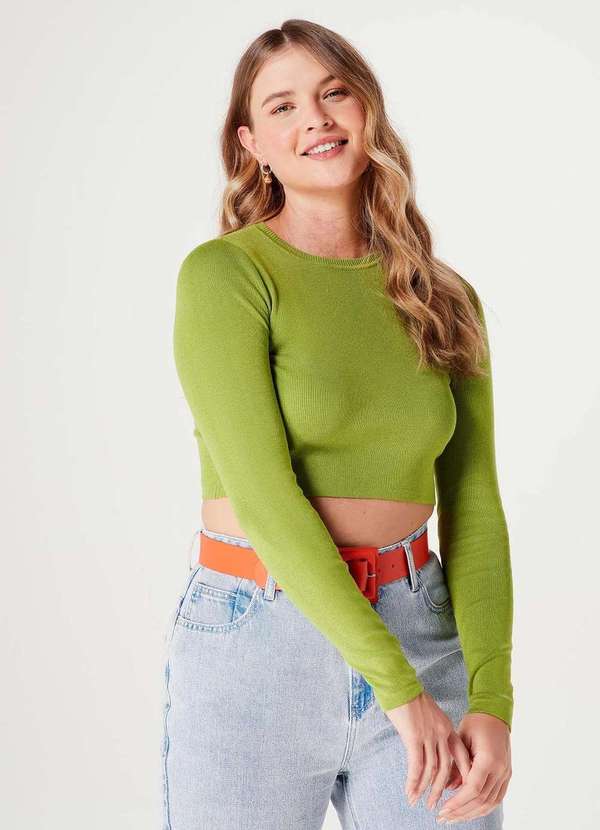 Hering - Blusa Feminina Cropped Manga Longa em Trico Verde