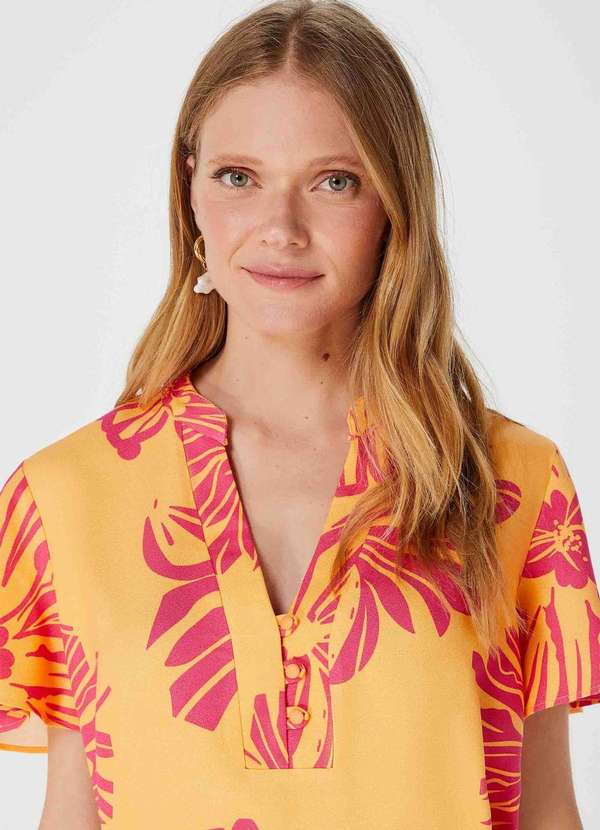Hering - Blusa Feminina Decote V com Botoes Estampada Laranja 4
