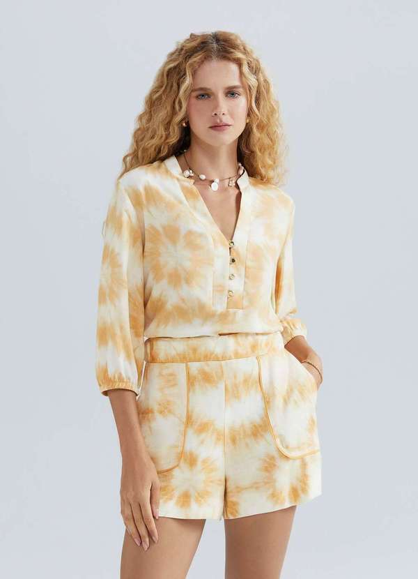 Hering - Blusa Feminina Estampada Decote V Manga Bufante Amarelo