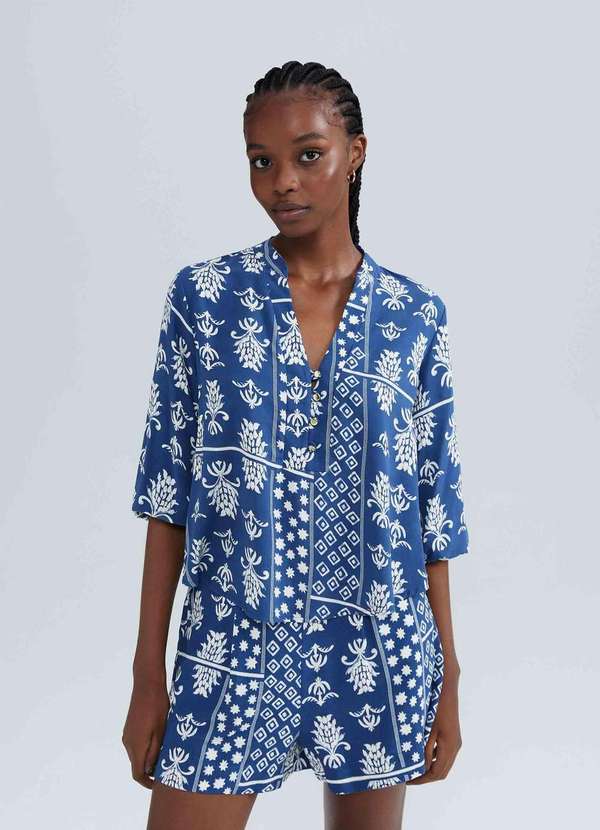 Hering - Blusa Feminina Estampada Decote V Manga Bufante Azul